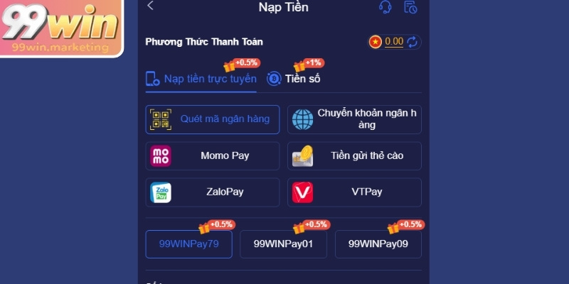 Nạp Rút Tiền 99win 2 Điểm qua các hình thức gửi tiền vào ví thịnh hành